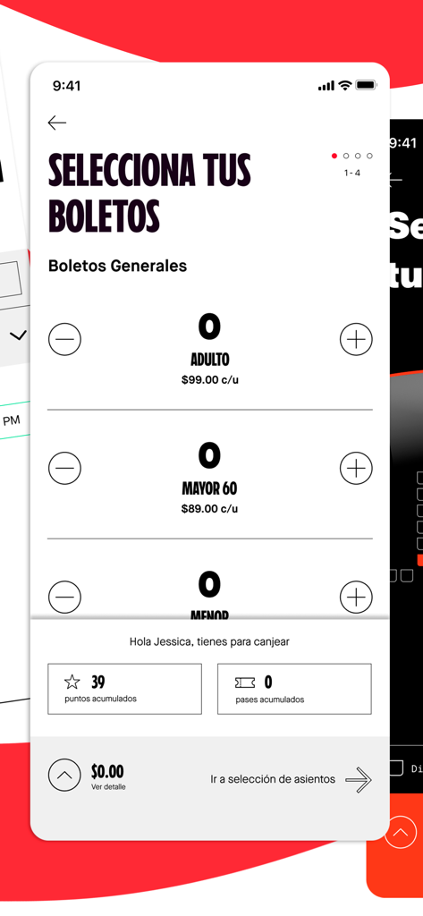 Pantalla de la aplicación móvil de Cinemex para seleccionar entradas de cine con opciones para adultos, personas mayores y niños