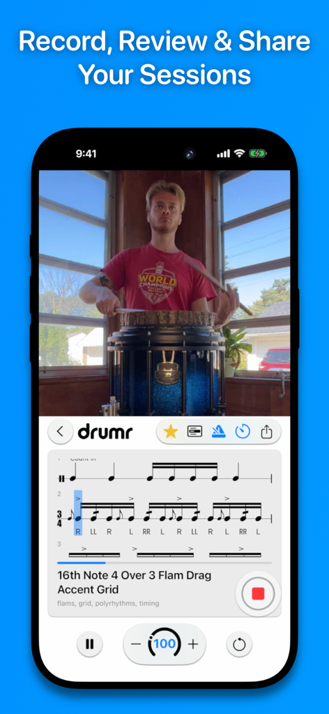 Drumr - Learn & Practice Drums - A drummer recording a practice session using the Drumr app with real time sheet music notation