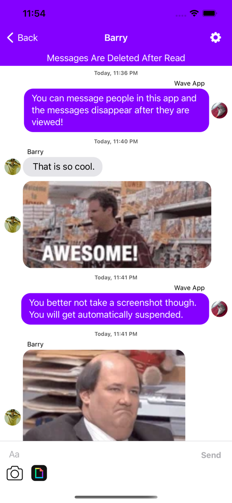 Wave app private chat interface with disappearing messages and screenshot protection warning