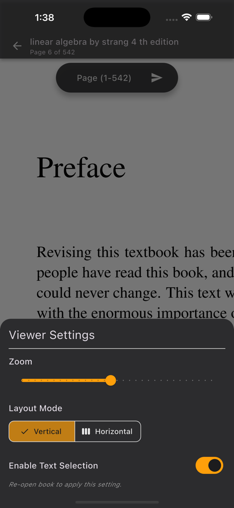 A mobile screen showing the PDF Voice Reader app with a viewer settings menu overlaying a textbook page. Options for zoom, vertical or horizontal layout, and text selection are visible.