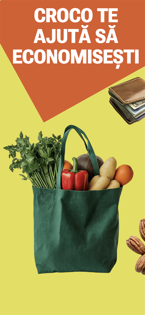 CROCO.md - Una bolsa de compras reutilizable verde llena de verduras junto a una cartera llena de efectivo representando ahorros en el hogar.
