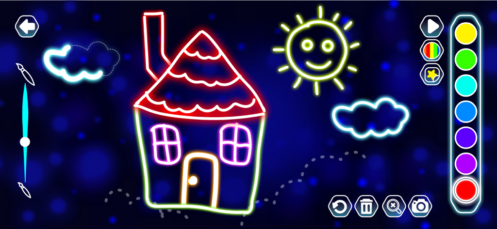 A glowing neon drawing of a house and sun in the Kids Doodle app interface