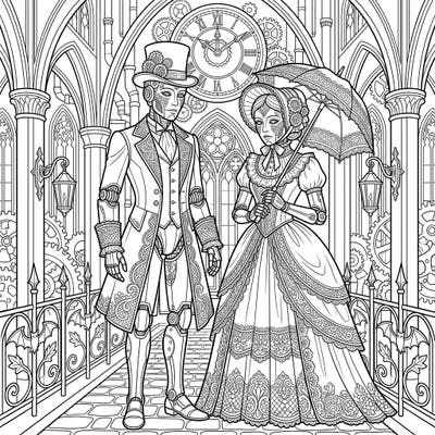 Unleash your creativity with this mesmerizing coloring page featuring humanoid robots adorned in exquisite Gothic Victorian fashion. Explore a world where intricate machinery meets timeless elegance, offering a captivating challenge for every artist.