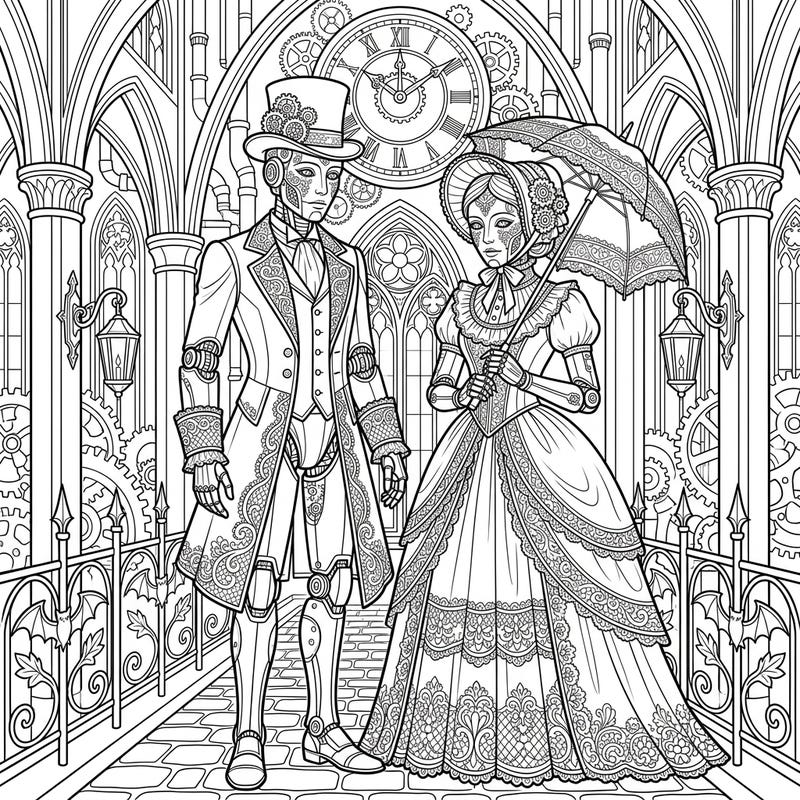 Unleash your creativity with this mesmerizing coloring page featuring humanoid robots adorned in exquisite Gothic Victorian fashion. Explore a world where intricate machinery meets timeless elegance, offering a captivating challenge for every artist.