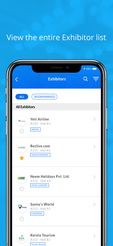 SnapCard - OTM BLTM Event App - Interface of the SnapCard app showing a list of event exhibitors with category tags and booth locations.