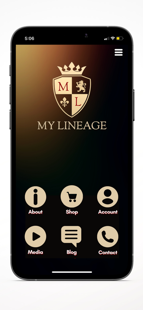 MyLineage - Home screen of the MyLineage app showing the family heraldry logo and navigation icons for shop account and media