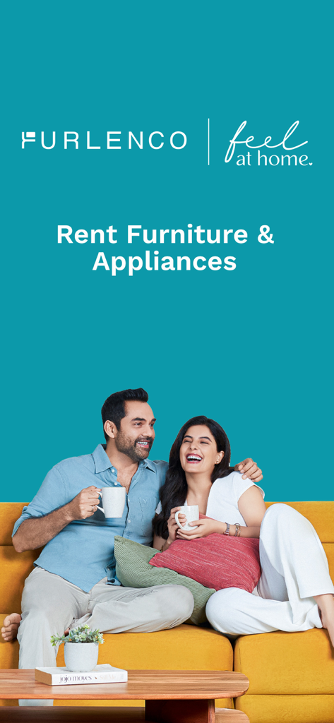 A happy couple sitting on a yellow sofa with the Furlenco logo and the text Rent Furniture and Appliances