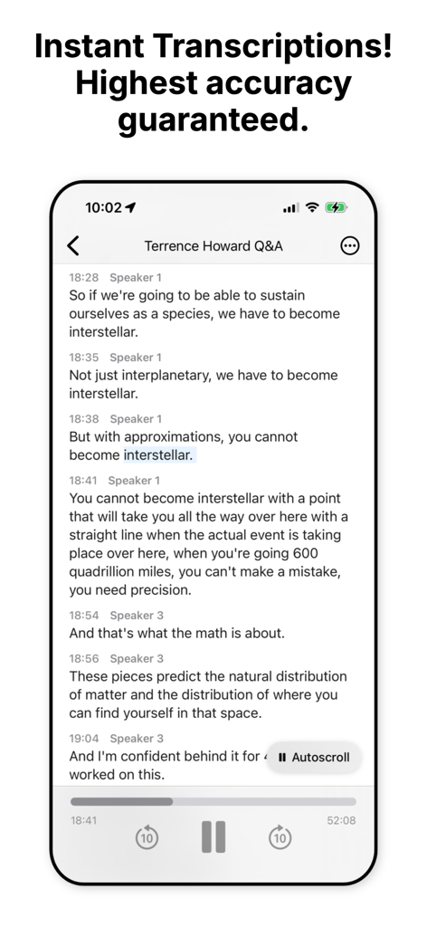 Cockatoo AI Note Taker mobile interface displaying a transcript with speaker detection and playback controls