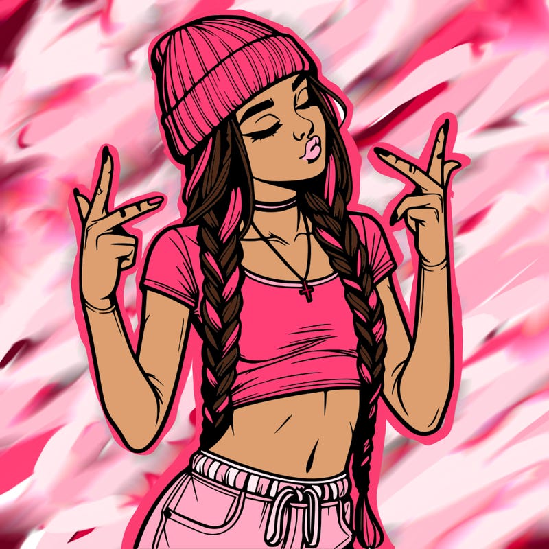 realistic teenage girl with braids and a beanie and crop top doing 🫶🏼