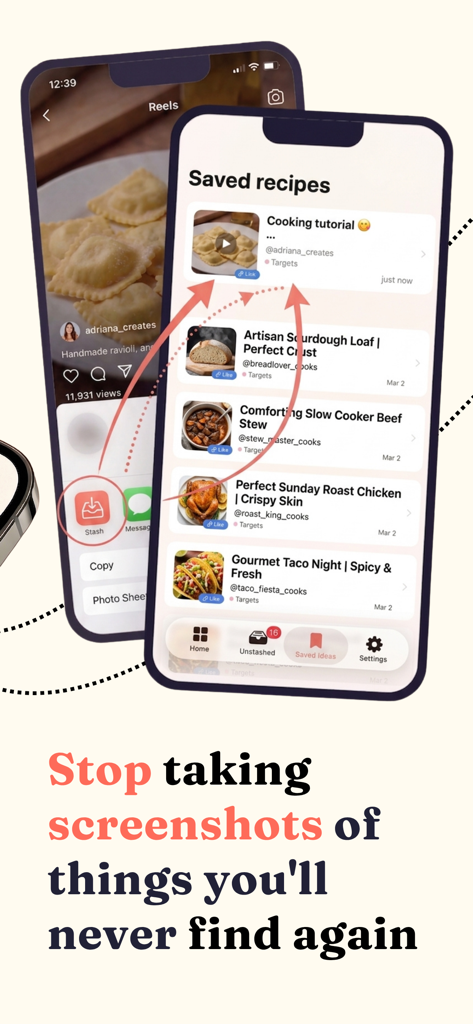 Stash Anything: Save & Sort - Interface of Stash Anything app showing how to save social media recipes into organized collections instead of screenshots