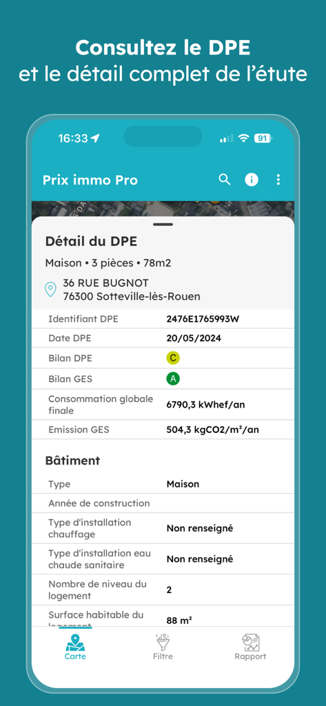 Prix Immo - Vente immobilière - A detailed energy performance certificate report for a house in the Prix Immo app showing DPE and greenhouse gas emission ratings