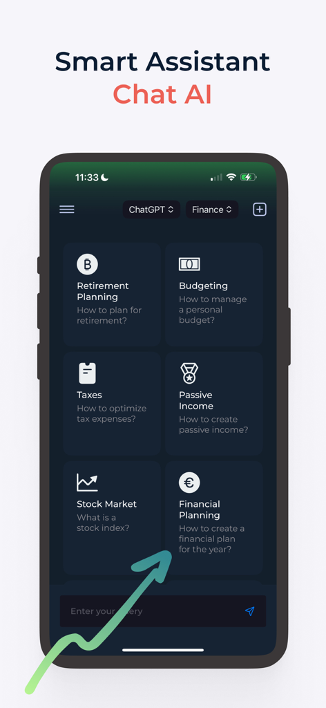AI Chatbot GPT-5 Assistant - Pantalla de la aplicación móvil Chat AI Pro que muestra el modo experto financiero con opciones para presupuestar y planificar la jubilación