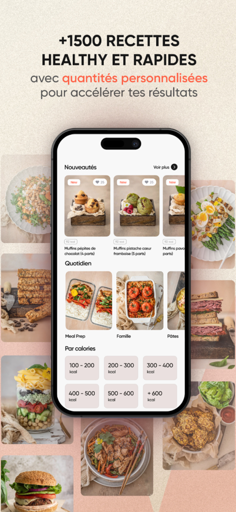Grity mobile app screen showcasing over 1500 healthy and quick recipes with personalized portions and calorie filters