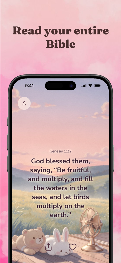 Divine: Bible Widget for Women - Smartphone screen showing a Bible verse from Genesis 1 22 on an aesthetic background with cute illustrations.