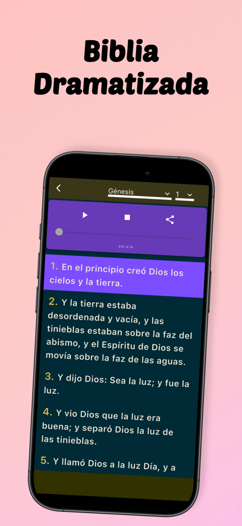 Biblia Con Letra Gigante - Smartphone displaying Biblia Con Letra Gigante app with large Spanish text and dramatized audio player for Genesis