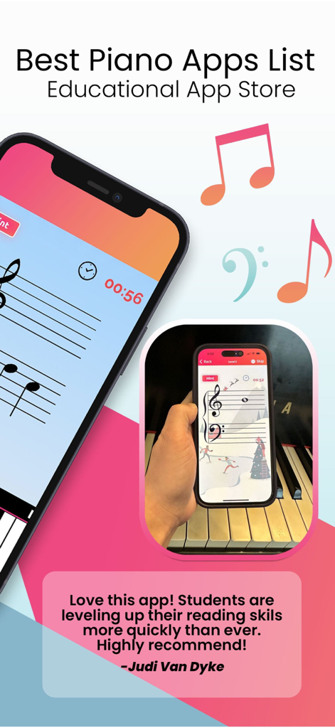 Testimonio de un profesor para la aplicación de aprendizaje de piano Note Quest en un smartphone sobre un teclado de piano