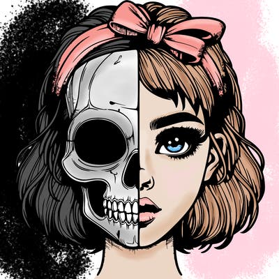 realistic girl with half skull mask