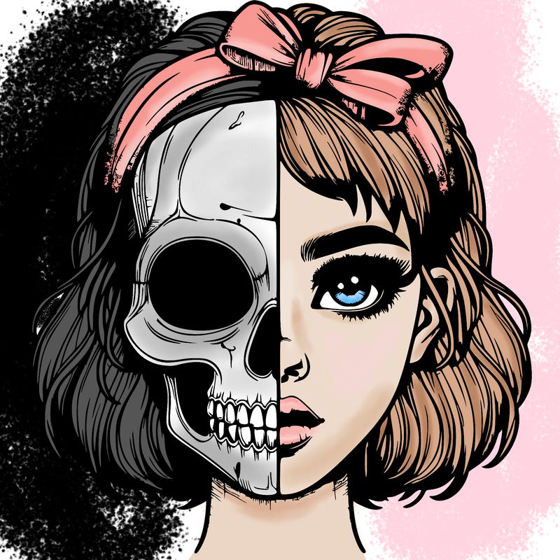 realistic girl with half skull mask