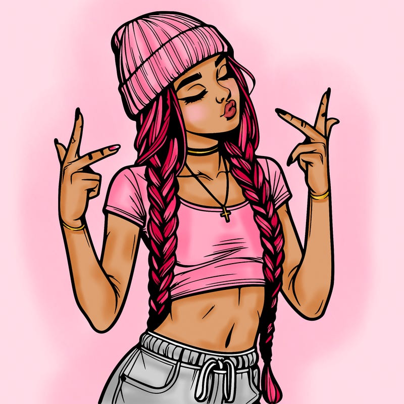 realistic teenage girl with braids and a beanie and crop top doing 🫶🏼