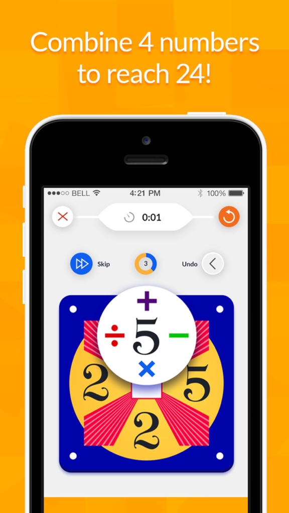 Smartphone screen showing the 24 Game math card puzzle gameplay with numbers and operators