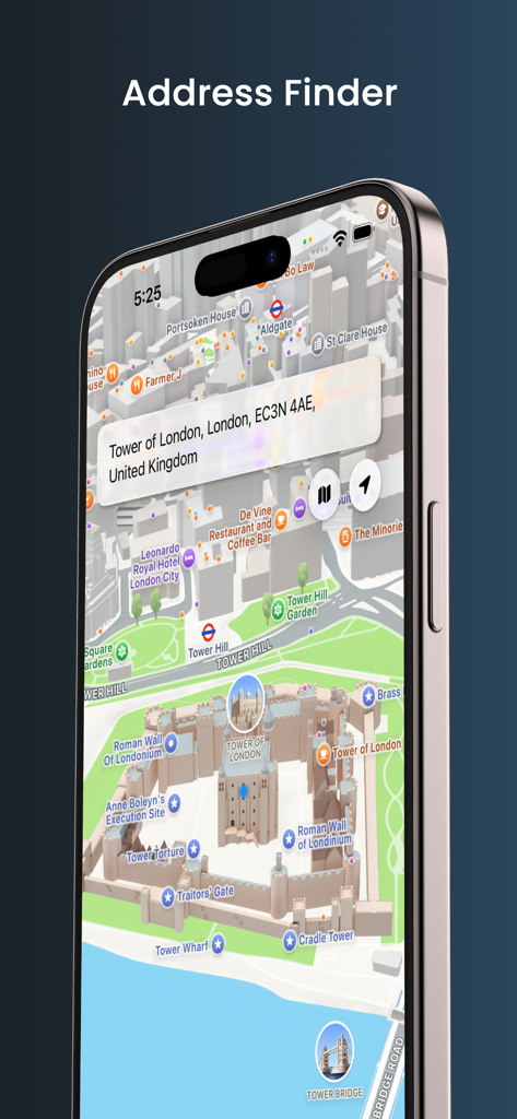 Address Finder - Address Finder App zeigt eine 3D-Kartenansicht und die physische Adresse des Tower of London auf einem iPhone an