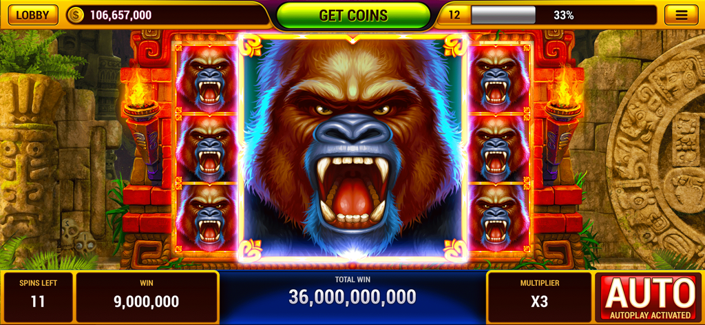 Vegas Slots Casino ™ Slot Game - Interfaz de máquina tragaperras temática de gorila que muestra una ganancia total masiva de 36 mil millones de monedas y un multiplicador de 3x