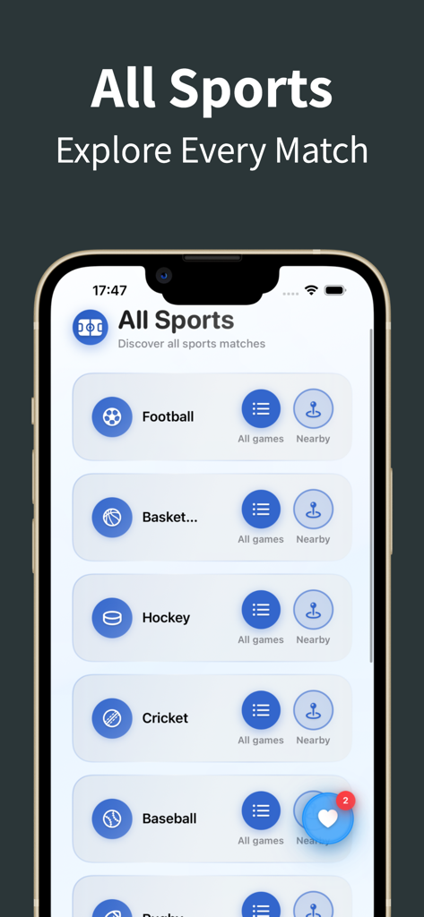 The Kuki - Football Live Score - The Kuki app interface showing a list of sports categories like Football Basketball and Hockey with options for nearby games