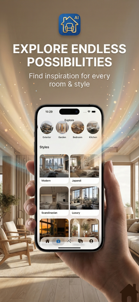 Room Planner AI Home Design - A person holding a smartphone showing various interior design styles and room categories in the Room Planner AI app.