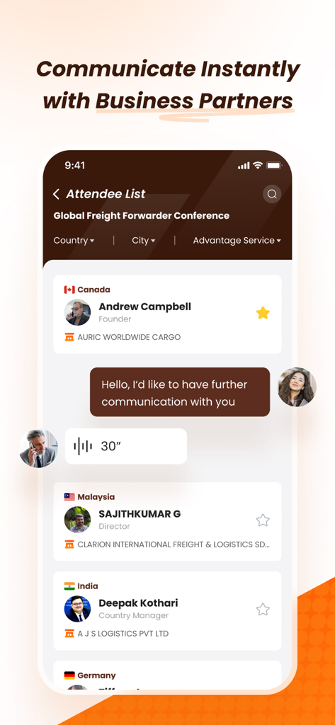 Interface de l'application JCtrans montrant la liste des participants à une conférence mondiale et la messagerie instantanée avec des partenaires commerciaux