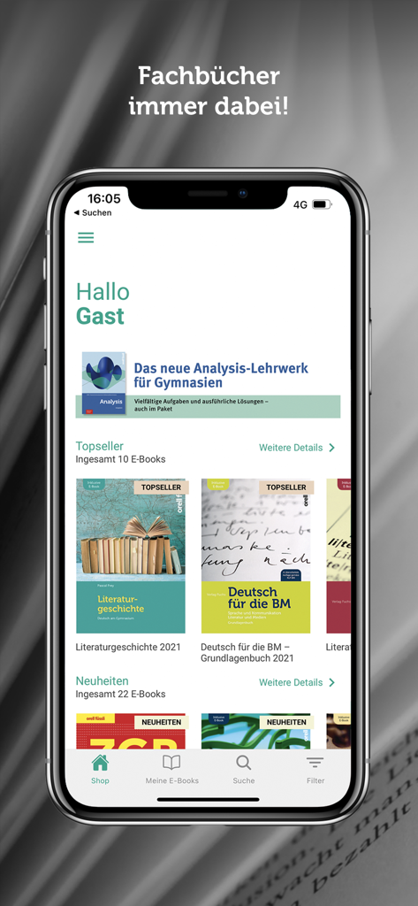 Smartphone displaying the Fachmedien Orell Fuessli Verlag app ebook store interface