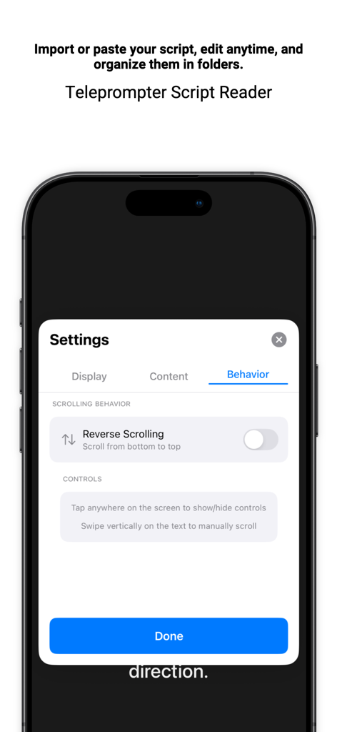 Teleprompter & Script Reader - Settings interface of the Teleprompter app showing scrolling behavior and control options on a mobile device.
