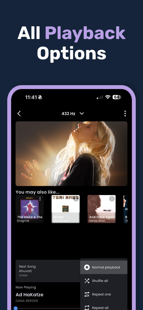 432 Player Plus - Interfaccia dell'app 432 Player Plus che mostra le impostazioni di riproduzione musicale, incluse le modalità shuffle e repeat.
