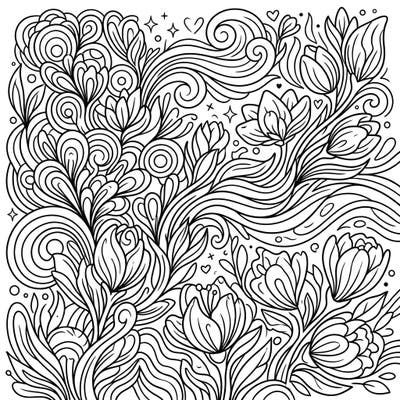 Welcome the season of renewal with this intricate abstract landscape, bursting with stylized spring florals and elegant swirling patterns. Unleash your creativity and bring this beautiful design to life with your favorite colors.