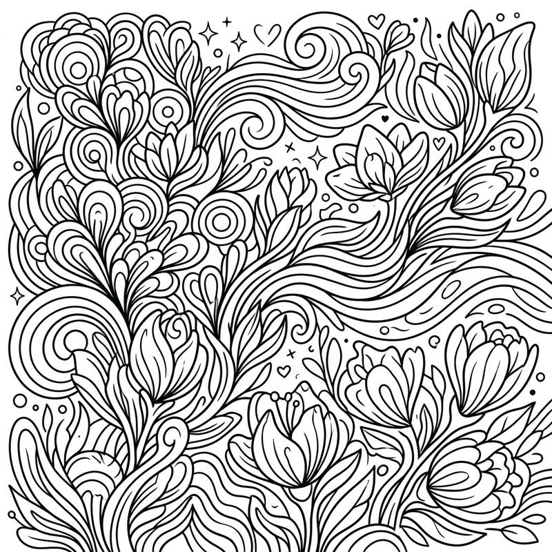 Welcome the season of renewal with this intricate abstract landscape, bursting with stylized spring florals and elegant swirling patterns. Unleash your creativity and bring this beautiful design to life with your favorite colors.