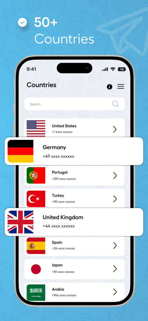 Interfaccia dell'app Teleg Sim che mostra un elenco di oltre 50 paesi per i numeri di telefono virtuali