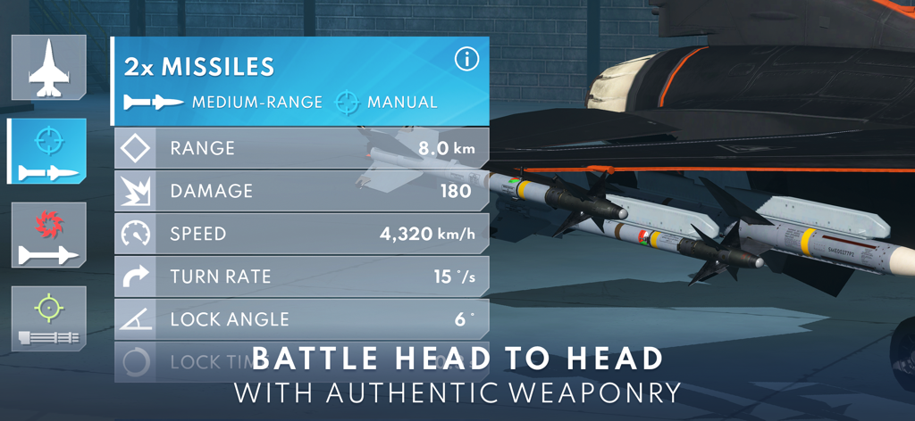 Detailed missile weaponry stats for fighter jets in Metalstorm