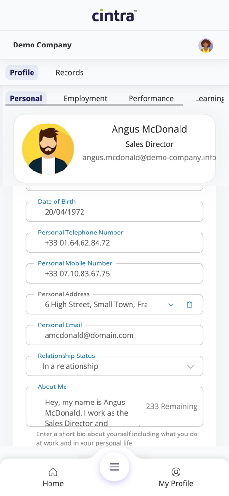 Cintra People HR - Employee personal profile screen in Cintra People HR app