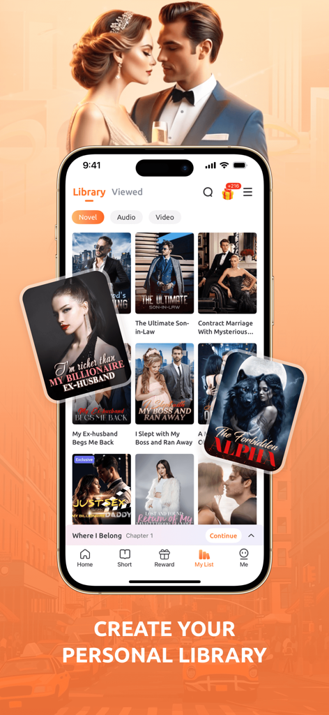 PickNovel - Novels & Stories - Pantalla de la biblioteca de la aplicación móvil PickNovel mostrando portadas de historias románticas y de multimillonarios.