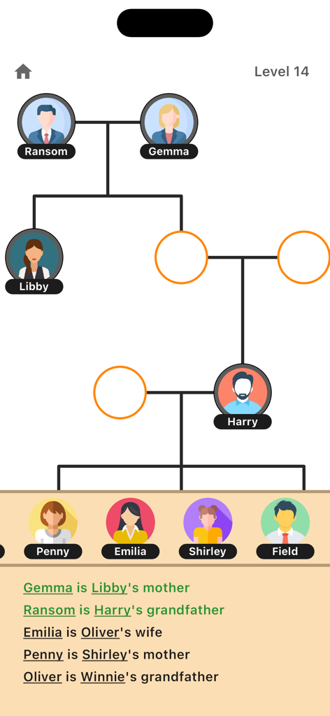 Family Tree - Logic Game - A gameplay screenshot of the Family Tree logic game showing a puzzle level with character icons and genealogical relationship clues.