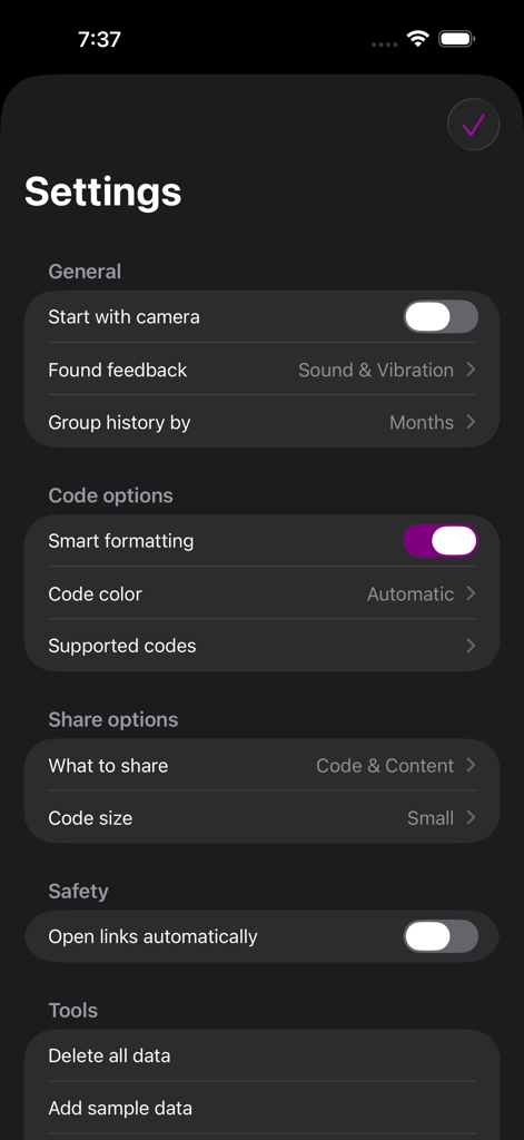 Settings menu of the Code Scanner app showing general options and code preferences