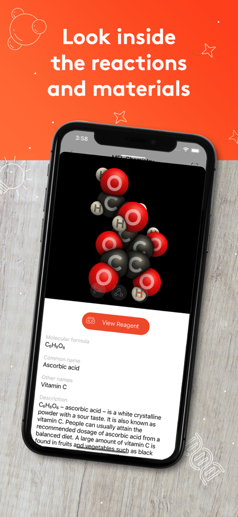 Un smartphone que muestra una estructura molecular 3D de ácido ascórbico dentro de la aplicación educativa MEL Science.