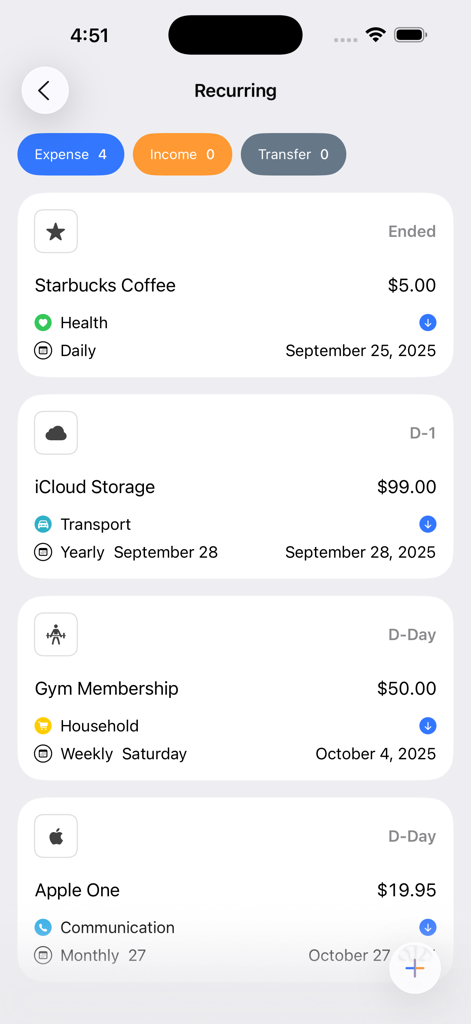 Flow: AI Expense Tracker - Mobile interface of Flow AI Expense Tracker showing a list of recurring expenses like iCloud storage and gym membership