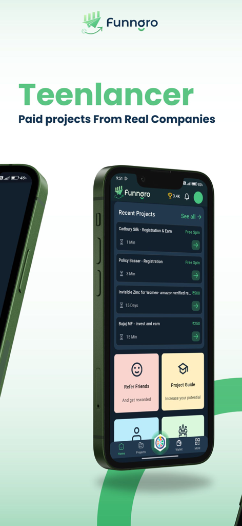 Funngro - Interfaz de la aplicación Funngro que muestra proyectos pagados recientes para adolescentes freelancers de empresas reales
