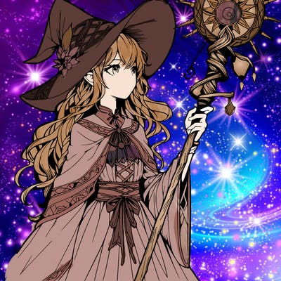a realistic fantasy manga witch with a staff