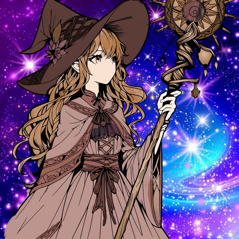 a realistic fantasy manga witch with a staff