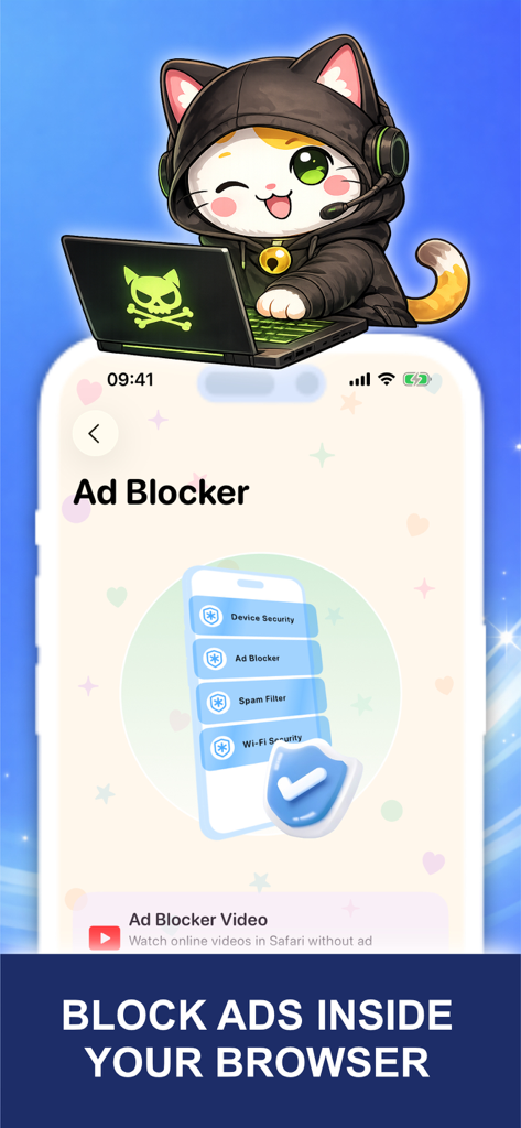 Cleaner Kiki: Storage Cleanup - Cleaner Kiki app interface showing browser ad blocker feature with cute cat mascot