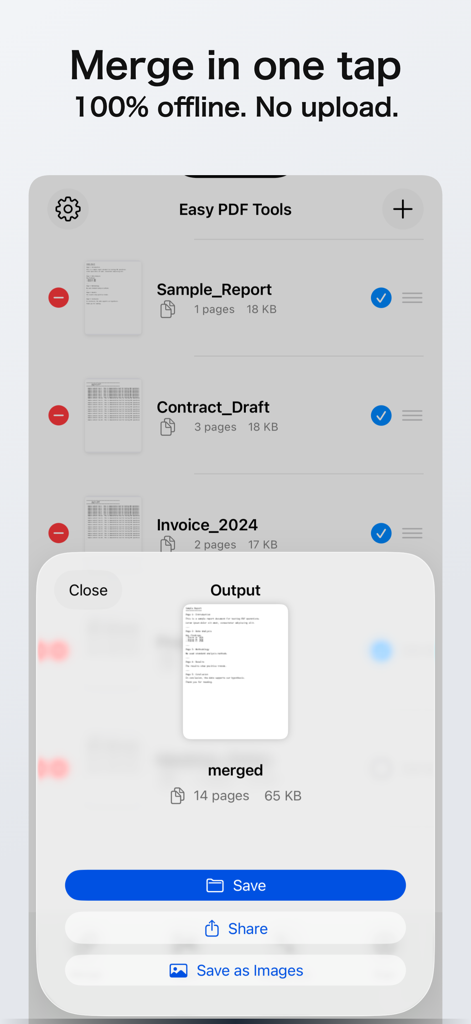Easy PDF Tools - Captura de pantalla de la aplicación Easy PDF Tools que muestra un proceso de fusión de PDF sin conexión con un solo toque.