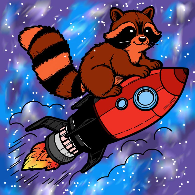 realistic raccoon flying on top rocket ship