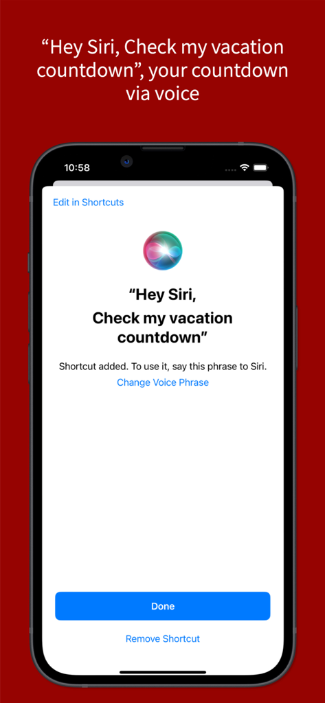 Countdown for Disney World - Disney vacation countdown app showing Siri Shortcut voice command setup