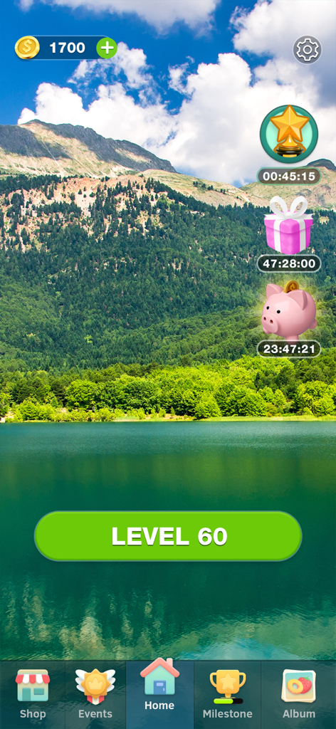 Tile Journey - Classic Puzzle - Menú principal del juego de puzzle Tile Journey con un escénico fondo de lago de montaña y el botón de jugar Nivel 60